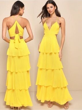 NWT Lulu’s Tier and Now Yellow Tie-Back Tiered Maxi Dress Small
